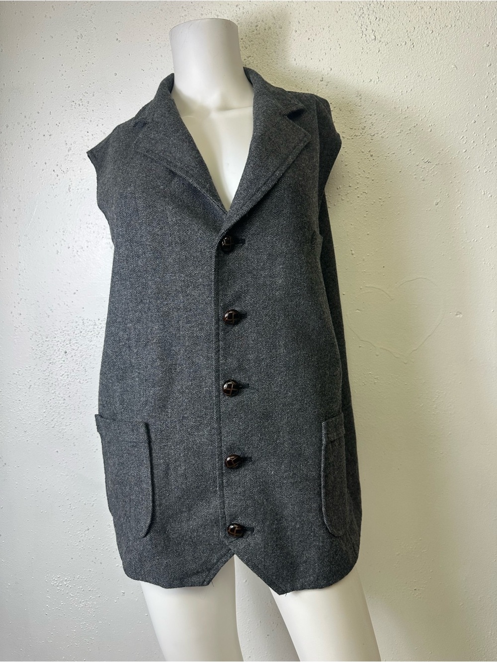 Sleeveless Dark Gray Button-Front Wool Blend Vest 4X
